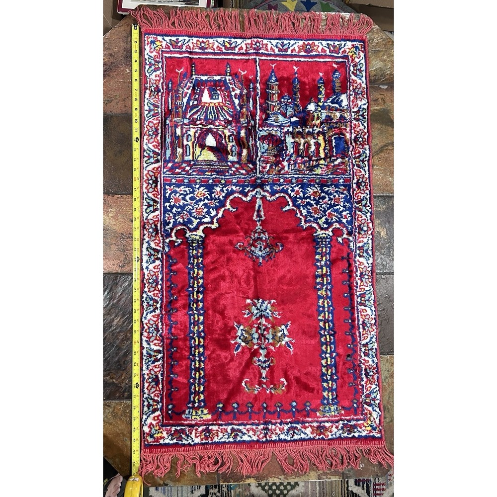 Vintage Middle Eastern Prayer Rug 44x24 Temple Tapestry Red Blue